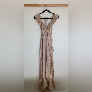 Show me your mumu bridesmaids Samantha Ruffle Wrap Dress in Champagne Luxe Satin